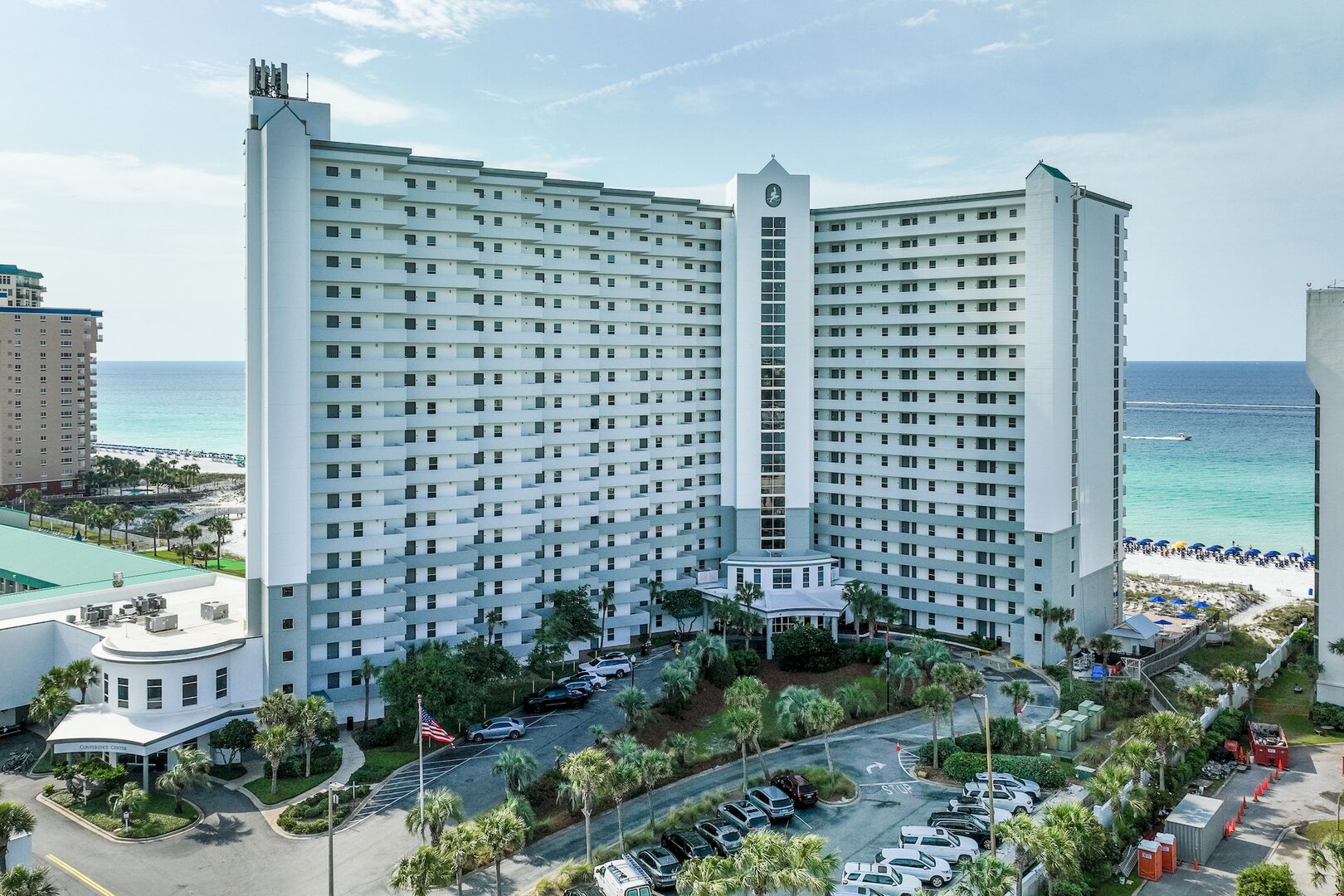 Pelican Beach Resort exterior and Gulf of Mexico